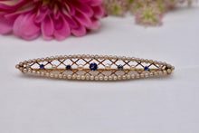 Load image into Gallery viewer, Vintage Victorian 14K Yellow Gold Sapphire &amp; Pearl Brooch/Pin
