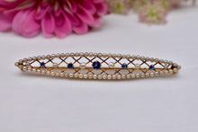 Load image into Gallery viewer, Vintage Victorian 14K Yellow Gold Sapphire &amp; Pearl Brooch/Pin
