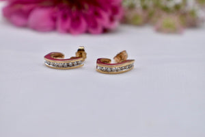Vintage 14K Yellow Gold Channel Set Diamond Huggie J Hoop Earrings
