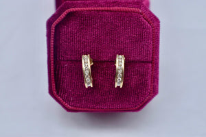 Vintage 14K Yellow Gold Channel Set Diamond Huggie J Hoop Earrings