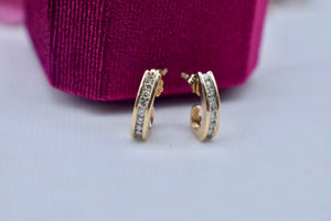 Vintage 14K Yellow Gold Channel Set Diamond Huggie J Hoop Earrings