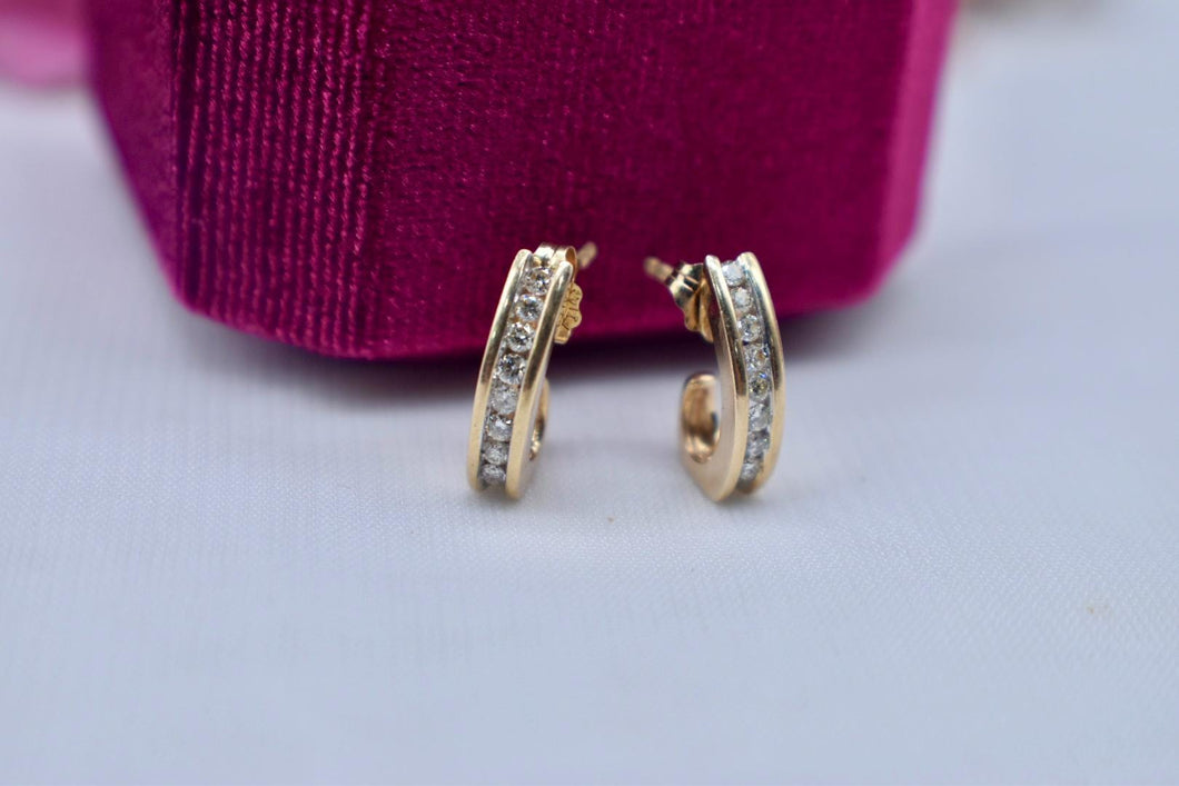 Vintage 14K Yellow Gold Channel Set Diamond Huggie J Hoop Earrings
