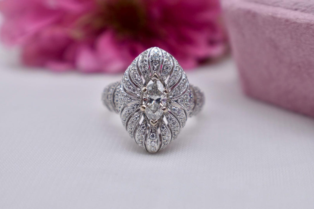 14K White Gold Vintage Marquise Halo Diamond Statement Cocktail Engagement Ring