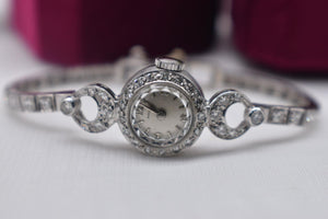 Antique Art Deco 14K White Gold Diamond 17 Jewels Benedict Movement Wrist Watch