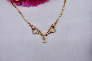 Vintage 14K Yellow Gold Fancy Flat Chain Interlocking Heart Dangle Diamond Necklace