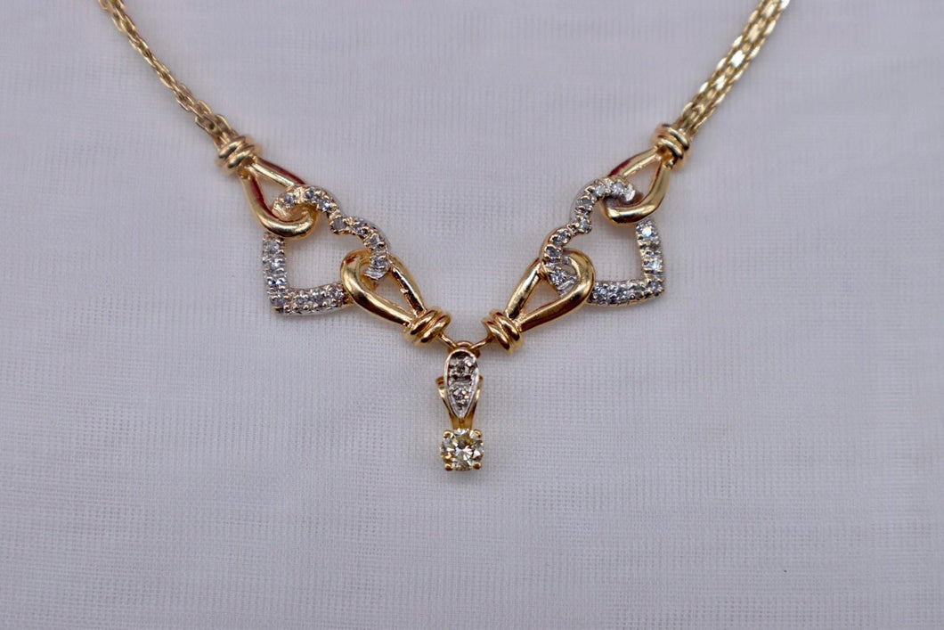 Vintage 14K Yellow Gold Fancy Flat Chain Interlocking Heart Dangle Diamond Necklace