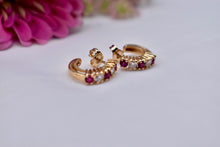 Load image into Gallery viewer, Vintage 14K Yellow Gold Ruby &amp; Diamond J Hoop Earrings
