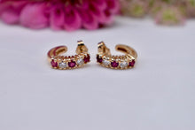 Load image into Gallery viewer, Vintage 14K Yellow Gold Ruby &amp; Diamond J Hoop Earrings
