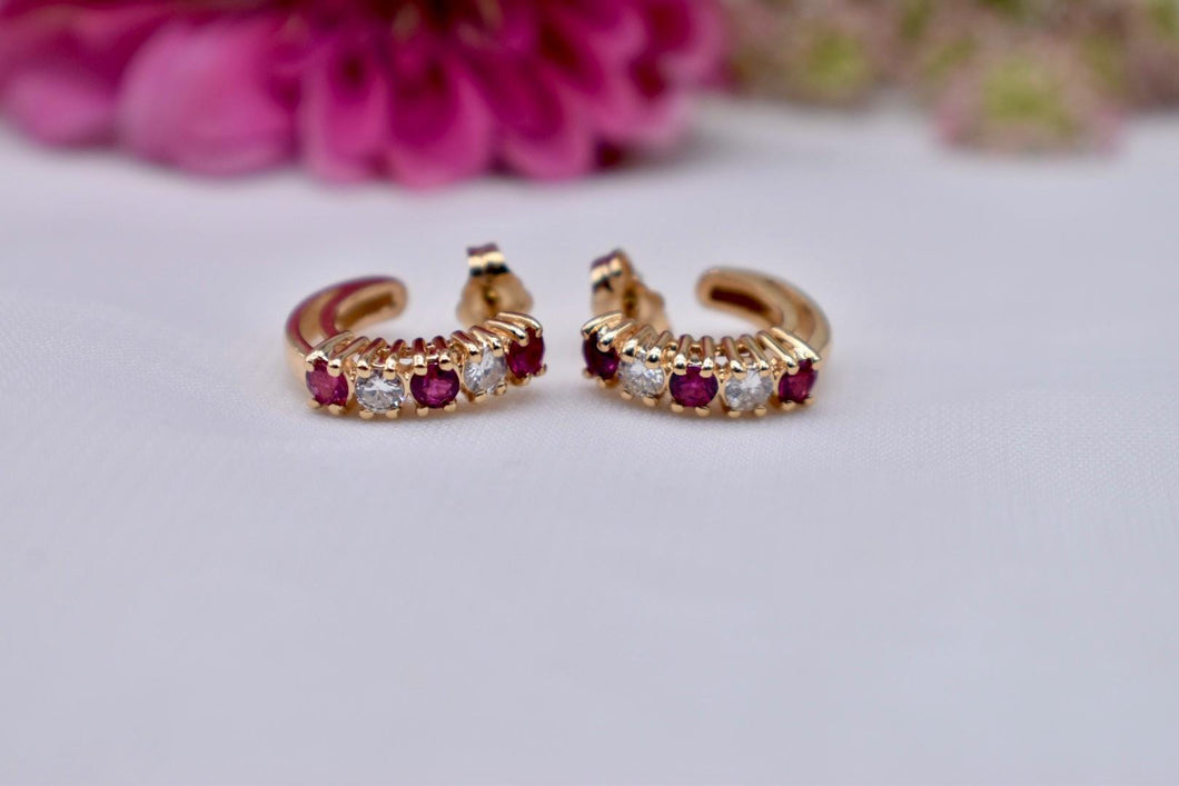 Vintage 14K Yellow Gold Ruby & Diamond J Hoop Earrings
