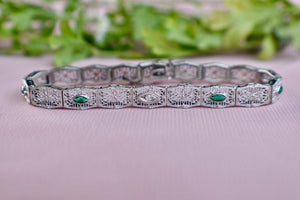 Vintage Art Deco 14 Karat Emerald & Diamond Filigree Bracelet