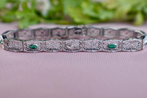 Vintage Art Deco 14 Karat Emerald & Diamond Filigree Bracelet