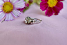 Load image into Gallery viewer, Vintage 18K White Gold Art Deco Transitional Cut Diamond Three Stone Filigree Engagement Ring
