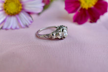 Load image into Gallery viewer, Vintage 18K White Gold Art Deco Transitional Cut Diamond Three Stone Filigree Engagement Ring

