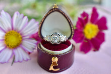 Load image into Gallery viewer, Vintage 18K White Gold Art Deco Transitional Cut Diamond Three Stone Filigree Engagement Ring

