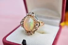 Load image into Gallery viewer, Vintage 14K Yellow Gold Oval Opal and Diamond Statement Ring With Black Enamel
