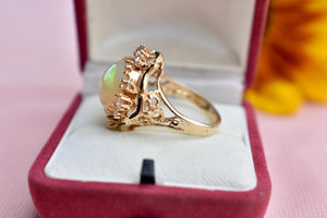 Vintage 14K Yellow Gold Oval Opal and Diamond Statement Ring With Black Enamel