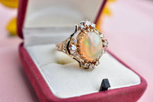 Load image into Gallery viewer, Vintage 14K Yellow Gold Oval Opal and Diamond Statement Ring With Black Enamel
