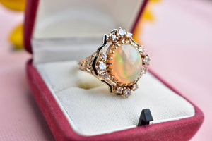 Vintage 14K Yellow Gold Oval Opal and Diamond Statement Ring With Black Enamel