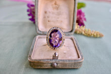 Load image into Gallery viewer, Vintage 14K Yellow Gold Victorian Oval Amethyst &amp; Seed Pearl Halo Ring
