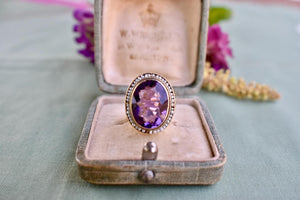 Vintage 14K Yellow Gold Victorian Oval Amethyst & Seed Pearl Halo Ring