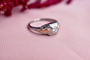 Vintage 18K White & Rose Gold Art Deco Filigree Diamond Engagement Ring