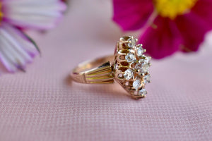Victorian 14K Rose Gold Cluster Old Mine Cut Diamond Navette Ring
