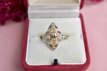Load image into Gallery viewer, Vintage Art Deco Platinum &amp; Yellow Gold Filigree Champagne Diamond Navette Ring
