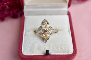 Vintage Art Deco Platinum & Yellow Gold Filigree Champagne Diamond Navette Ring