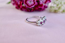 Load image into Gallery viewer, 18K White Gold Vintage Ruby &amp; Diamond Triple Halo Flower Ring
