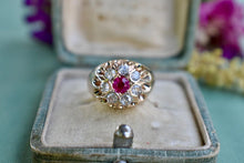 Load image into Gallery viewer, Vintage Victorian 14K Yellow gold Simulated Ruby &amp; Natural Old Mine Cut Diamond Halo Ring
