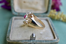 Load image into Gallery viewer, Vintage Victorian 14K Yellow gold Simulated Ruby &amp; Natural Old Mine Cut Diamond Halo Ring
