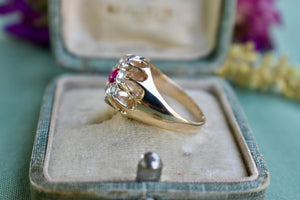 Vintage Victorian 14K Yellow gold Simulated Ruby & Natural Old Mine Cut Diamond Halo Ring