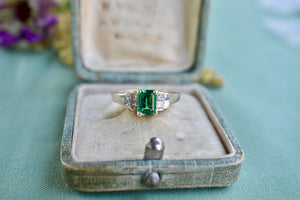 14K Yellow Gold Vintage Emerald Cut Simulated Emerald and Natural Diamond Ring