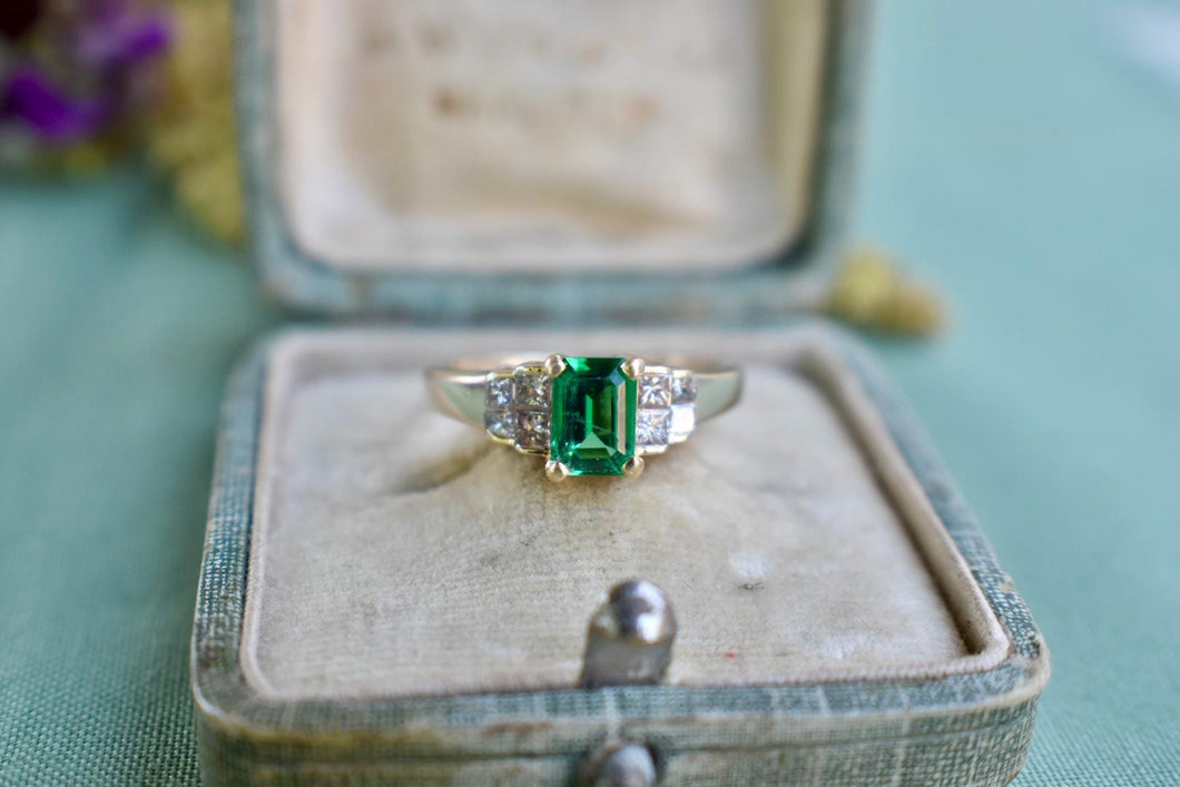 14K Yellow Gold Vintage Emerald Cut Simulated Emerald and Natural Diamond Ring