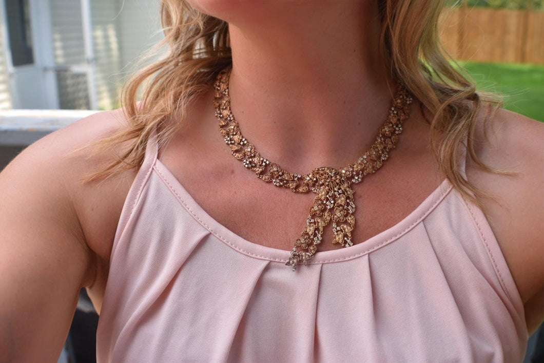 Rare 18K Rose Gold Retro 1950's Transitional Cut Diamond Floral Filigree Necklace