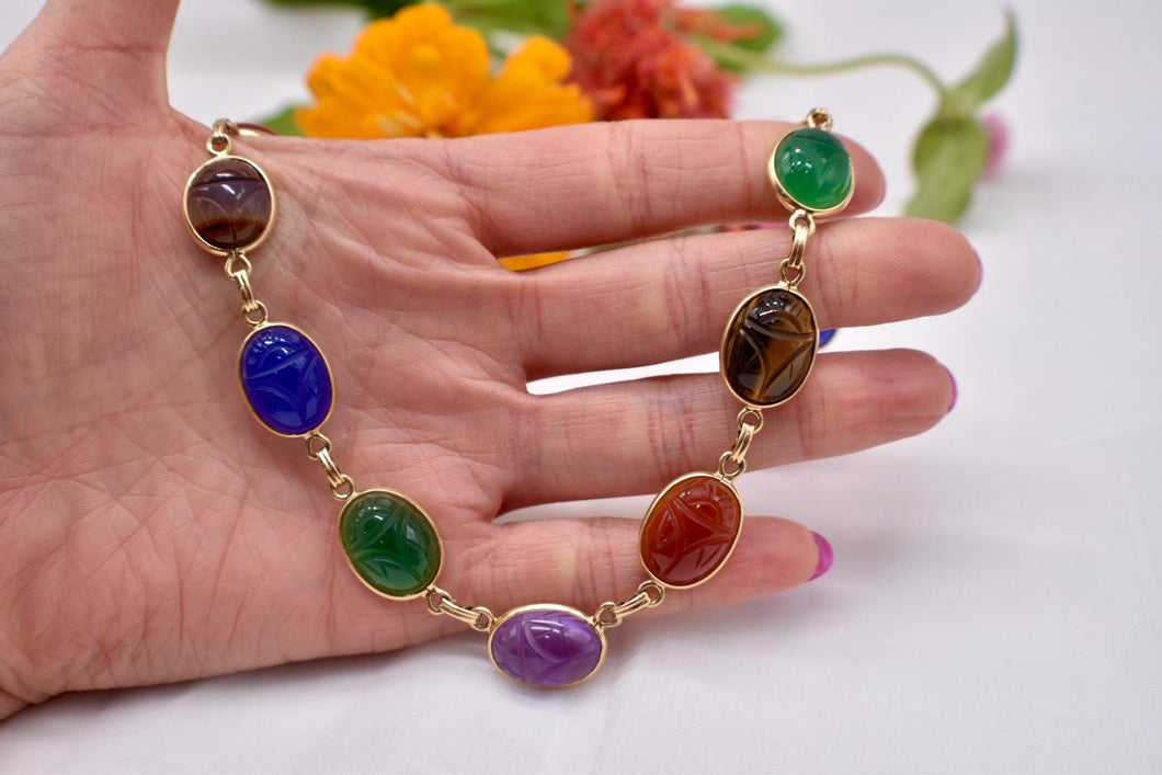 Vintage Mid Century Egyptian Revival 14K Solid Yellow Gold Multi Gemstone Scarab Necklace