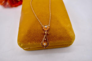 14K Yellow Gold Victorian Revival Two Stone Diamond Lavalier Floral Necklace