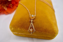 Load image into Gallery viewer, 14K Yellow Gold Victorian Revival Two Stone Diamond Lavalier Floral Necklace
