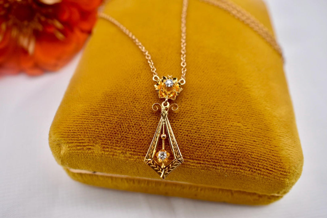 14K Yellow Gold Victorian Revival Two Stone Diamond Lavalier Floral Necklace