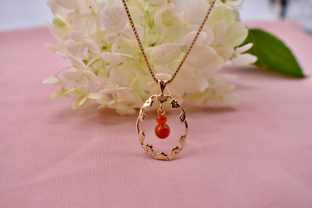 Vintage 14K Yellow Gold Carnelian Midcentury Floral Necklace