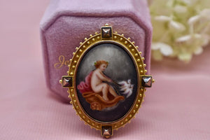 Victorian 16K Yellow Gold Antique Frame Hand Painted Cherub Brooch