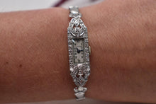 Load image into Gallery viewer, Antique Art Deco 14K White Gold Diamond 17 Jewels Bulova Wrist Watch
