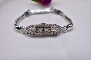 Antique Art Deco 14K White Gold Diamond 17 Jewels Bulova Wrist Watch