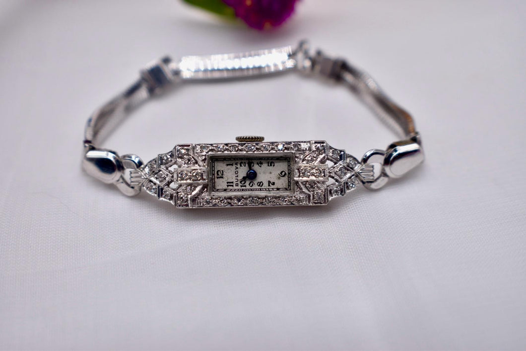 Antique Art Deco 14K White Gold Diamond 17 Jewels Bulova Wrist Watch