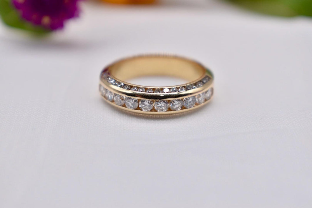 Vintage 14K Yellow Gold Unique Three Row Channel Set Round Diamond Band