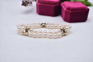 14K Yellow Gold Vintage Double Pearl & Gold Accent Bracelet