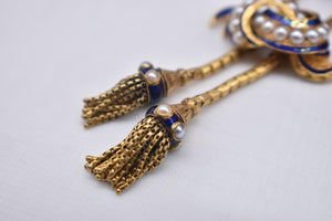 Heavy 20K Yellow Gold Early Victorian Blue Enamel & Pearl Tassel Necklace