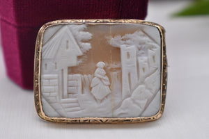 Vintage 12 Karat Solid Gold Rebecca At The Well Countryside Antique Cameo Brooch