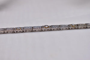 Vintage Art Deco 10 Karat Three Stone Bezel Diamond Filigree Bracelet