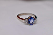 Load image into Gallery viewer, 14K White Gold Vintage Oval Tanzanite &amp; Diamond Three Stone Ring
